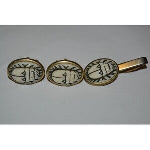 NICE Vintage White Tribal Masks 1960s Tie Bar Clasp & Cuff Links Set Ultra RARE